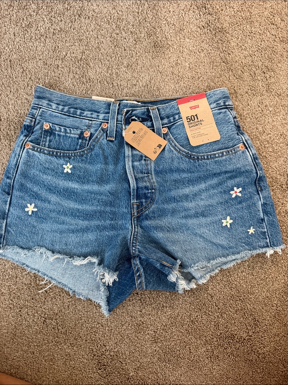 Levi's Blue Denim 501 Cutoff Shorts with Floral Embroidery